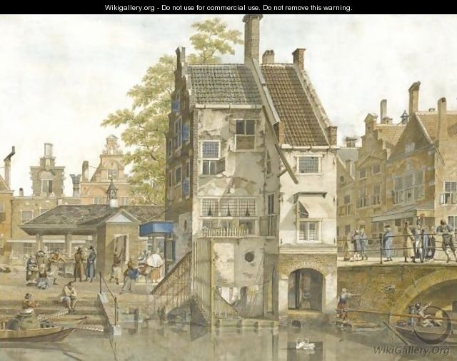 A Town Square With A Fish Market, A Canal In The Foreground - Johannes Huibert Prins