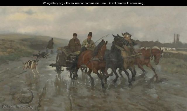 Four Horse Wagon On A Rainy Day - Jozef Chelmonski