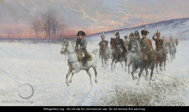 Napoleon And Officers Crossing A Snowy Field - Jan van Chelminski