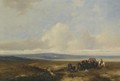 An Extensive Landscape With Elegant Figures In An Open-Topped Carriage, Horsemen Hunting In The Distance - Johannes Franciscus Hoppenbrouwers