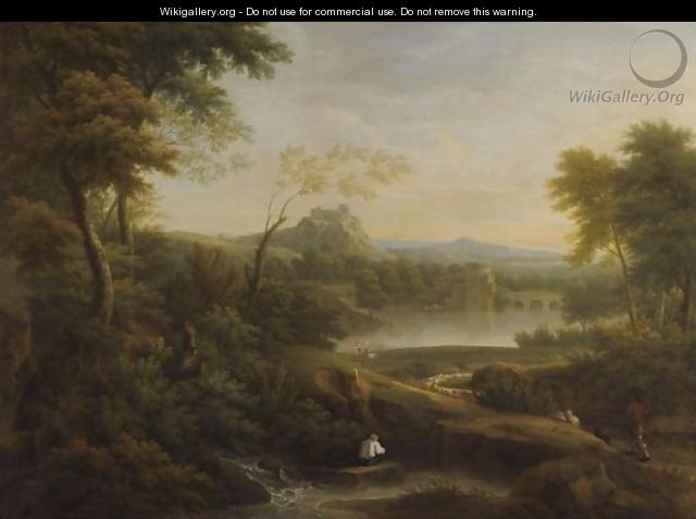 River Landscape With Bridge And Hilltop Castle - George Lambert