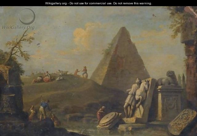 A Capriccio Landscape With The Pyramid Of Mucius Scaevola And Fishermen Drawing In Their Nets From A Stream - Giuseppe Zocchi