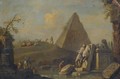 A Capriccio Landscape With The Pyramid Of Mucius Scaevola And Fishermen Drawing In Their Nets From A Stream - Giuseppe Zocchi