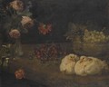 A Still Life With Grapes In A Bowl, Cherries, Roses In A Vase And A Pair Of Doves, All On A Table - (after) Felice Boselli