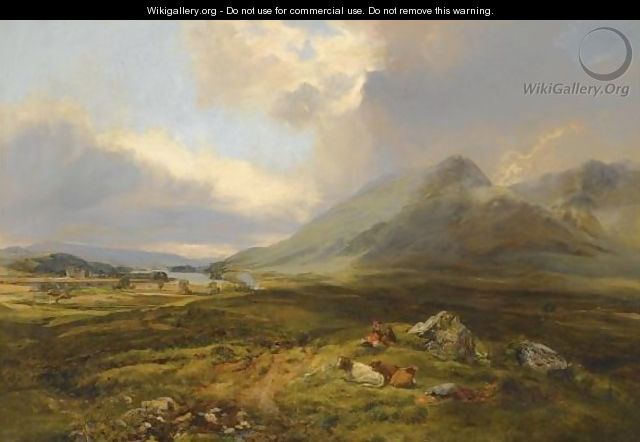 Figures And Cattle Resting Beside Loch Awe - Alexander Jnr. Fraser
