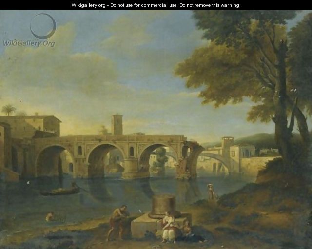 Rome, A View Of The Tiber With The Ponte Rotto And Peasants Fishing In The Foreground - Roman School