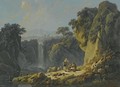 A Landscape With Peasants Resting Their Flock Beside A Waterfall - Jean-Baptiste Pillement