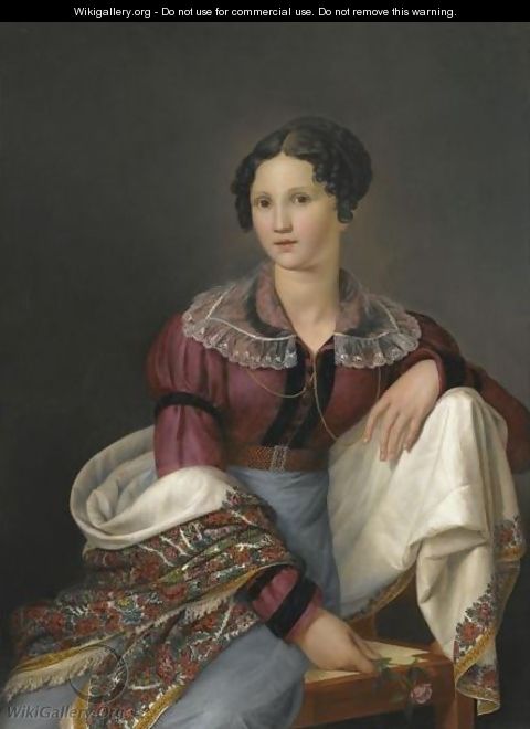Portrait Of An Elegant Seated Lady Holding A Sprig Of Wild Roses And Wearing A Floral Shawl - French School