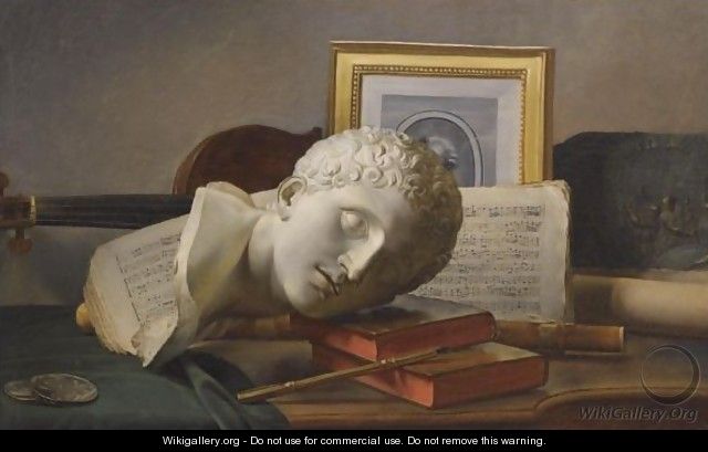 Still Life With A Musical Score, A Marble Bust, A Guitar, Books And A Portrait Engraving - Thomas Germain Joseph Duvivier