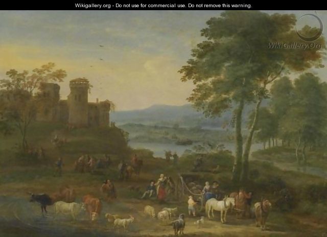 A River Landscape With Herders And Their Animals On A Path With Other Figures, A Village Beyond - Mathys Schoevaerdts