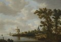 A River Landscape With Figures In A Boat In The Foreground And A Windmill And Church Beyond - Haarlem School
