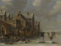 A Winter Landscape With A Resting Kolf Player And Other Figures Skating On A Frozen River - Thomas Heeremans