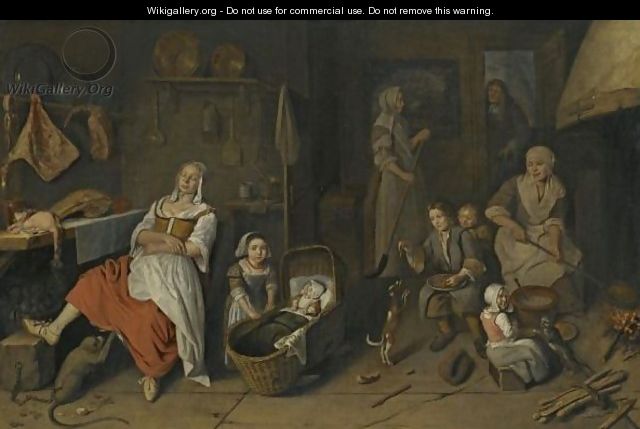 A Kitchen Interior With A Woman Cooking At The Hearth, Children Playing And A Woman Resting By The Butcher