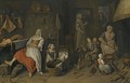 A Kitchen Interior With A Woman Cooking At The Hearth, Children Playing And A Woman Resting By The Butcher