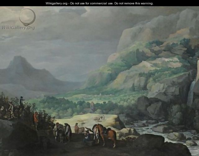 An Extensive Mountainous Landscape With Elegant Figures Picking Vines In The Foreground - (after) Joos De Momper