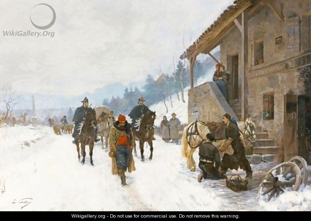 A Cheval Landscape In Winter With Jugglers, Dancing Bears And Gendarmes On Horseback - Edouard Castres