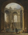 An Architectural Capriccio With Figures Gathered Around A Fountain - Hubert Robert