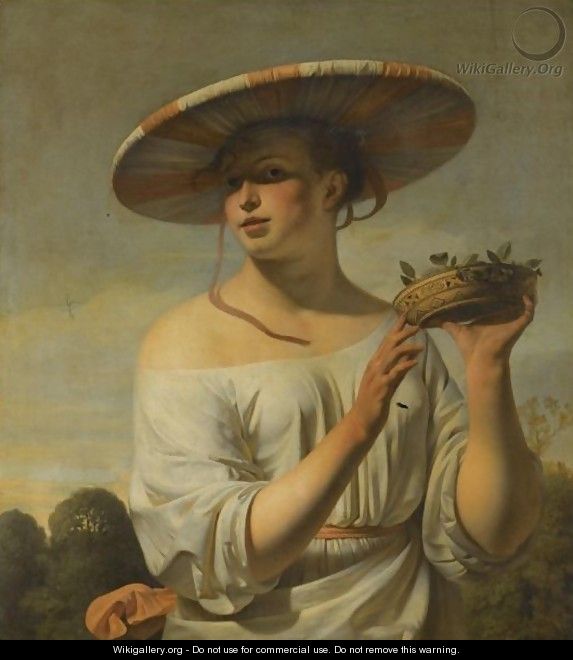 Girl Holding A Basket Of Plums - Caesar Van Everdingen