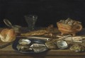 Still Life With A Brazier, A Wine-Glass, A Bread Roll, Smoking Paraphenalia, Two Herrings And A Pewter Plate - Pieter Claesz.