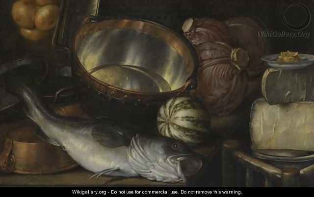 A Still Life With A Fish, Onions, Cabbage, Cheese And Copper Pots - Cornelis Jacobsz Delff