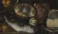 A Still Life With A Fish, Onions, Cabbage, Cheese And Copper Pots - Cornelis Jacobsz Delff