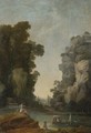 A Female Companion Observing A Boating Party In An Extensive Park - Hubert Robert