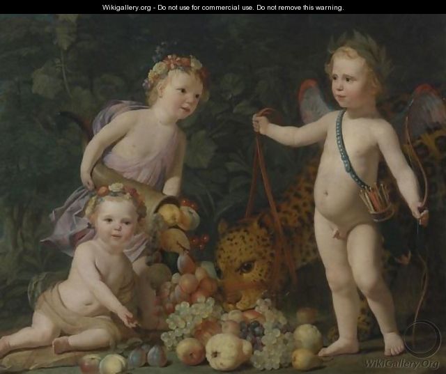 Three Children With Fruit And A Jaguar - Gerrit Van Honthorst
