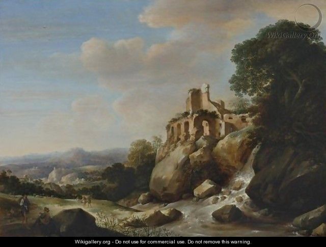 Travellers By A River With Ruins Above, An Extensive Landscape Beyond - Herman Saftleven