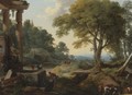 Landscape With Two Women At A Fountain, A Herd Of Cows At A Stream And Travellers On Horseback - Laurent de La Hyre