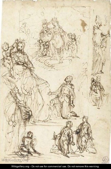 Sheet Of Studies With The Coronation Of The Virgin And Various Saints - Francesco Vanni
