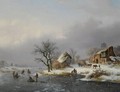A Winter Landscape With Skaters, A Horse-Drawn Cart On A Path Nearby - Frederik Marianus Kruseman