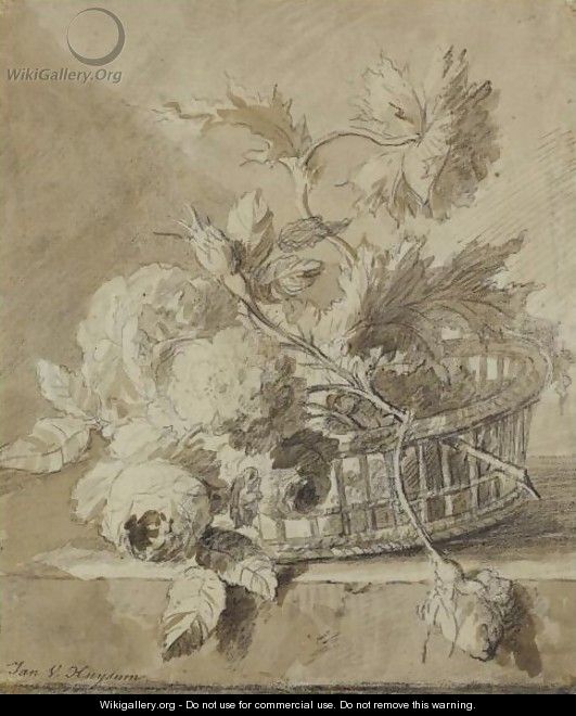 A Basket Of Flowers On A Plinth - Jan Van Huysum