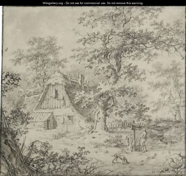 A Thatched Woodland Cottage With A Man And His Dog In The Foreground - Pieter Barbiers