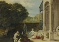 Nymphs Bathing In A Classical Garden Setting - Adriaan van Stalbemt