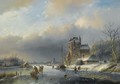 A Winter Landscape With Many Figures On A Frozen Waterway - Jan Jacob Coenraad Spohler