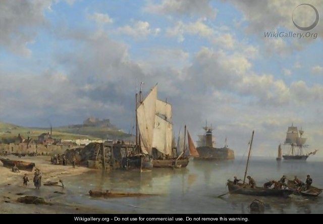 A Harbour Scene At Low Tide - Hermanus Koekkoek