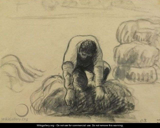 Field Worker Bailing Hay - Camille Pissarro