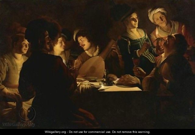Elegant Figures Eating And Singing In An Interior - (after) Honthorst, Gerrit van