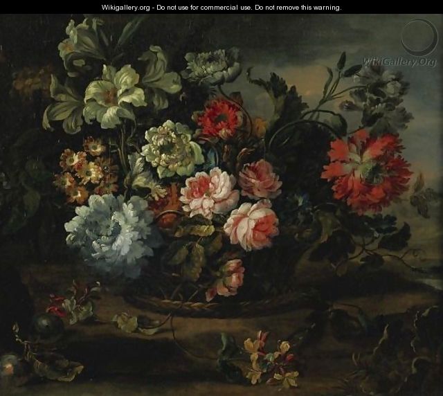 Still Life With Flowers In A Basket Resting On A Ledge - (after) Antoine Monnoyer