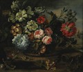 Still Life With Flowers In A Basket Resting On A Ledge - (after) Antoine Monnoyer