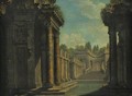 Architectural Capriccio With Roman Ruins - (after) Giovanni Paolo Panini