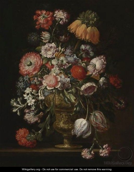 Still Life Of Flowers In A Pewter Vase - Italian School