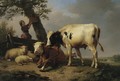 Shepherd Girl With Cattle And Sheep At Rest - Eugène Verboeckhoven