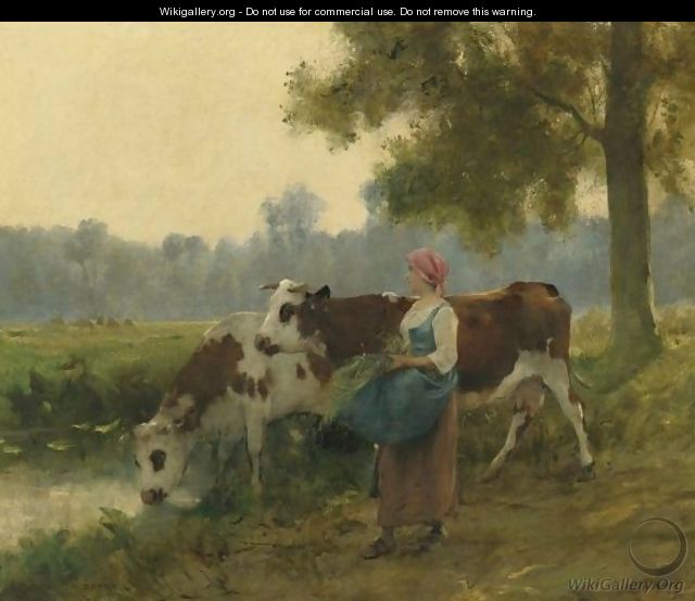 Young Maid With Her Cows At The Water