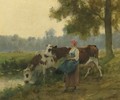 Young Maid With Her Cows At The Water's Edge - Julien Dupre
