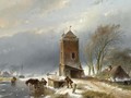 A View Of A Frozen Canal With Figures Near A Horse Drawn Slegde - Andreas Schelfhout
