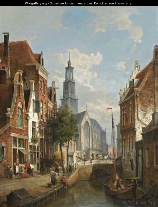 Figures In The Streets Along A Canal In Amsterdam, The Westerkerk In The Background - Pieter Cornelis Dommershuijzen