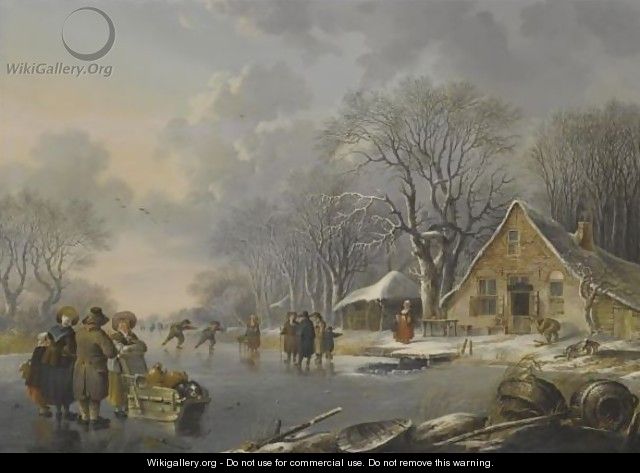 A Winter Landscape With Skaters On A Frozen River Near An Inn - Andries Vermeulen