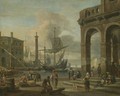 A Mediterranean Harbour Capriccio With Figures Unloading Cargo In The Foreground - Abraham Storck