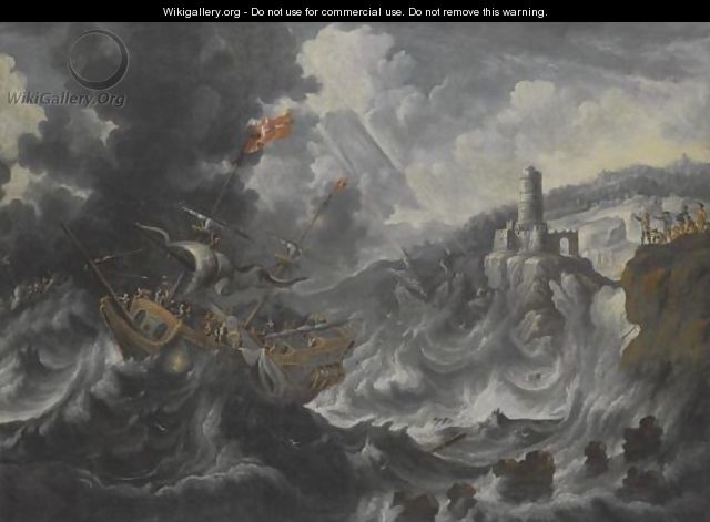 A Coastal Landscape With Shipping Caught In Tempestuous Seas - Cornelis Mahu